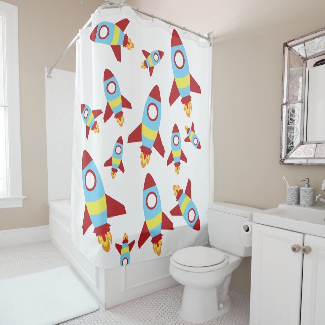 Rocket Spaceship Launching Shower Curtain (In Situ)