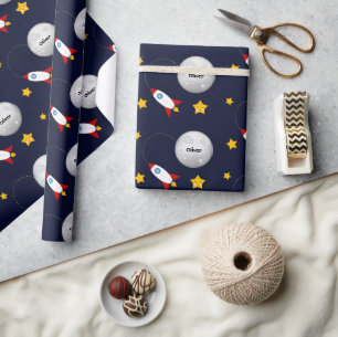 Rocket to the Moon and Stars Personalized Wrapping Paper