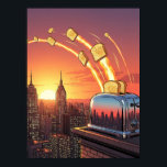 Rocket Toast Skyline – Retro Surreal Pop Art Poster<br><div class="desc">From a classic kitchen appliance to a cosmic rocket launcher, this artwork transforms the everyday toaster into a retro-futuristic spectacle. Set against a vibrant, comic-book-style cityscape, a chrome toaster sits perched on a rooftop, not simply toasting bread but launching glowing slices of toast into the sunset like rockets. Each golden...</div>