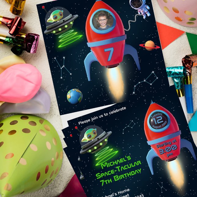 Rocket with Photo | Astronaut UFO Alien Birthday Invitation (Creator Uploaded)