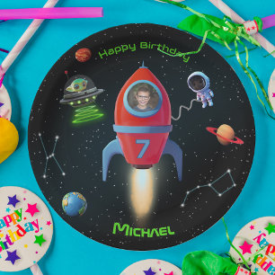 Rocket with Photo Birthday Alien UFO Astronaut Paper Plates