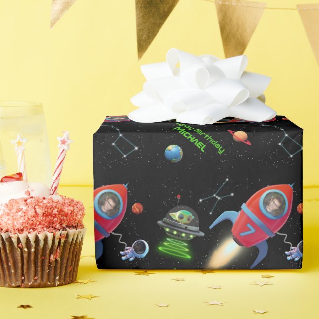Rocket with Photo | Birthday UFO Alien Astronaut Wrapping Paper (Birthday Party)