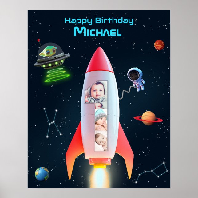 Rocket with Photo | UFO Alien Birthday Astronaut  Poster (Front)