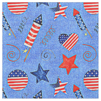 Rockets 4th July Stars Flag Red White Blue Fabric