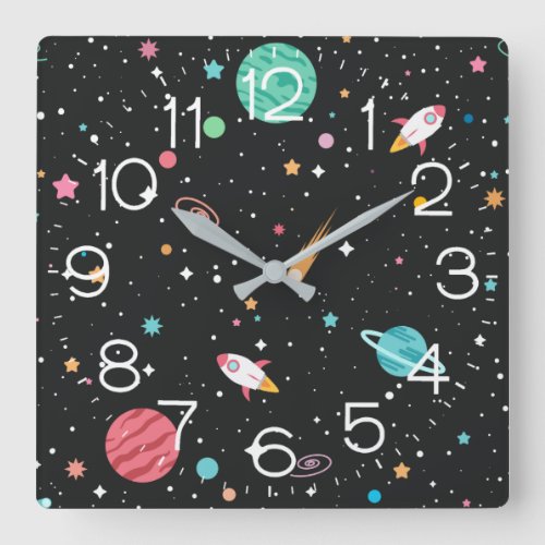Rockets And Planets Square Wall Clock