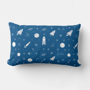 Rockets and Space Elements in a Blue Background Lumbar Pillow
