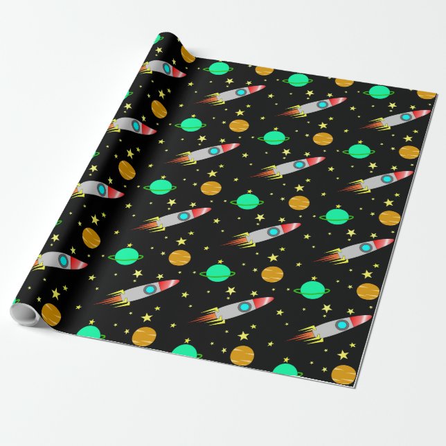 Rockets, Asteroids and Planets in Space Wrapping Paper (Unrolled)