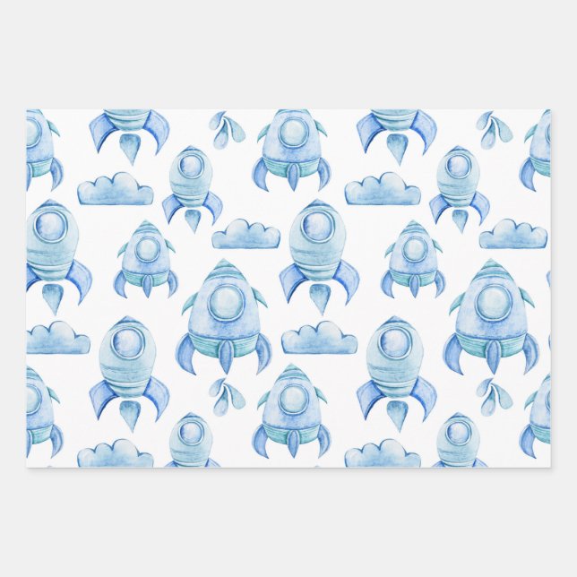 Rockets, Men Women & Kids, Outer Space Pattern Wrapping Paper Sheets (Front)