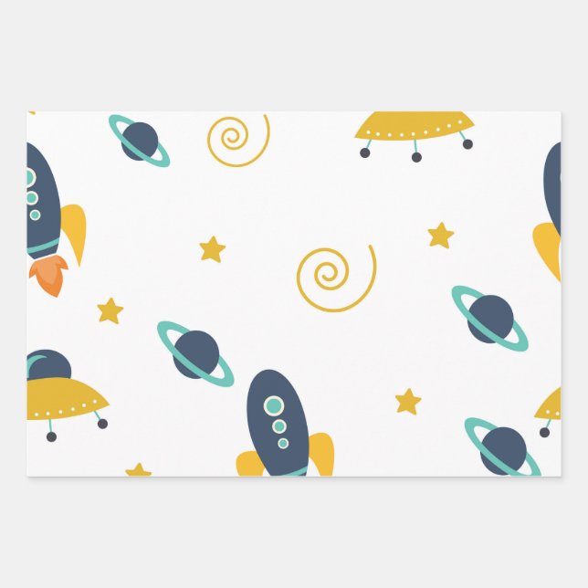 Rockets, Men Women & Kids, Planet Pattern Wrapping Paper Sheets (Front)