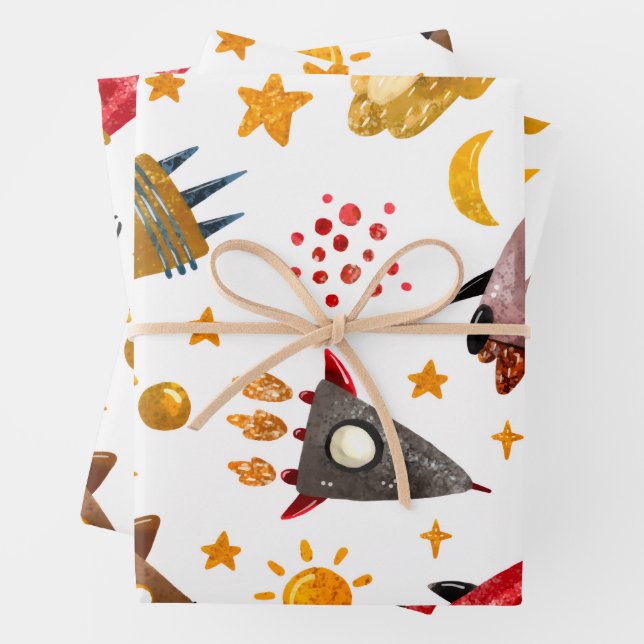 Rockets & Meteors Pattern Wrapping Paper Sheets (In situ)