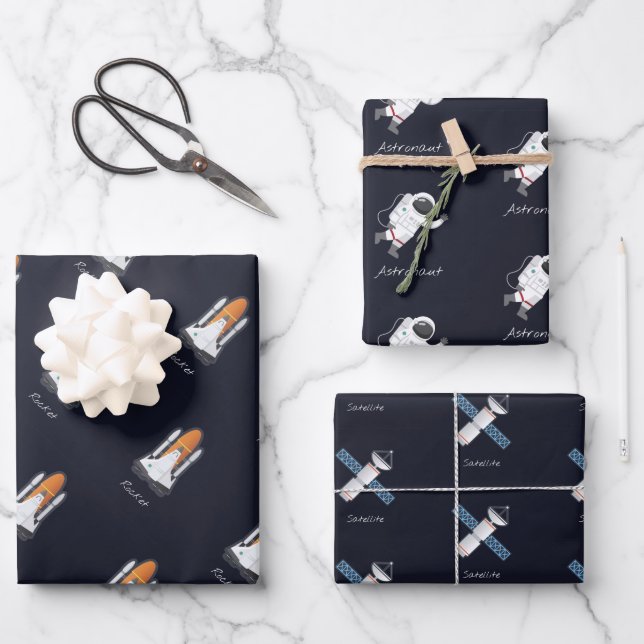 Rockets Solar System Astronaut Satellite 3-Piece Wrapping Paper Sheets (Front)