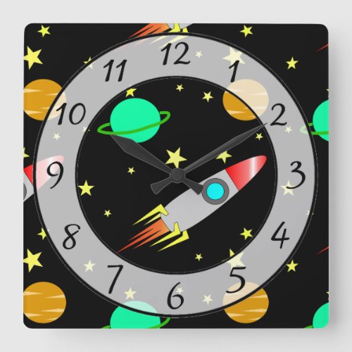 Rockets Stars and Planets Galaxy Outer Space Square Wall Clock