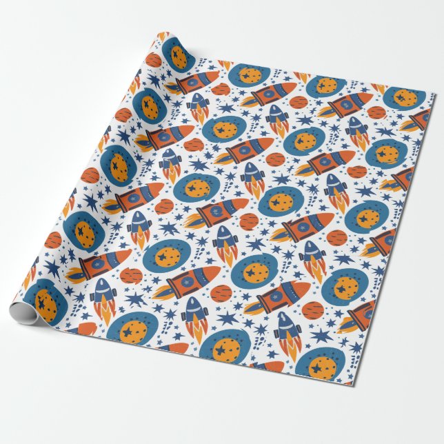 Rockets Stars and Planets Orange and Blue Wrapping Paper (Unrolled)