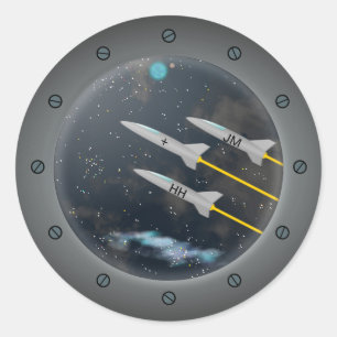Rockets though Spaceship Porthole Classic Round Sticker