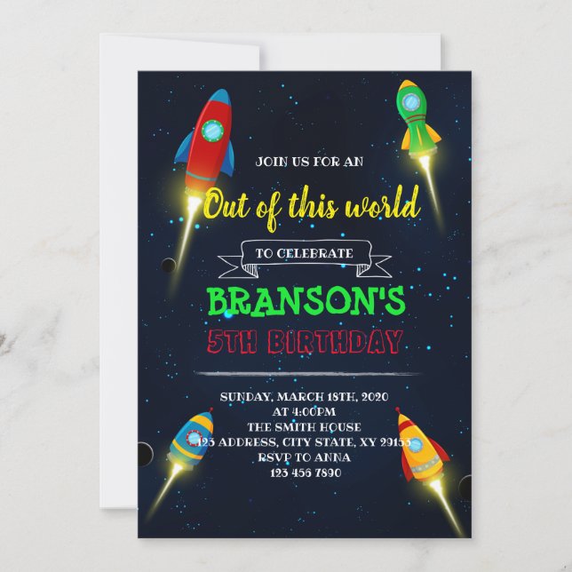 Rocketship birthday Party invitation (Front)