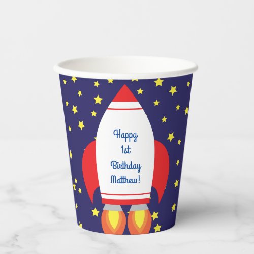 Rocketship Outer Space Cute Kid Birthday Paper Cups