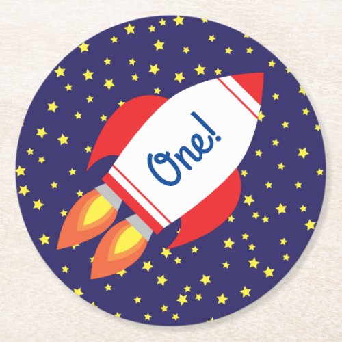 Rocketship Outer Space Cute Kid Birthday Round Paper Coaster