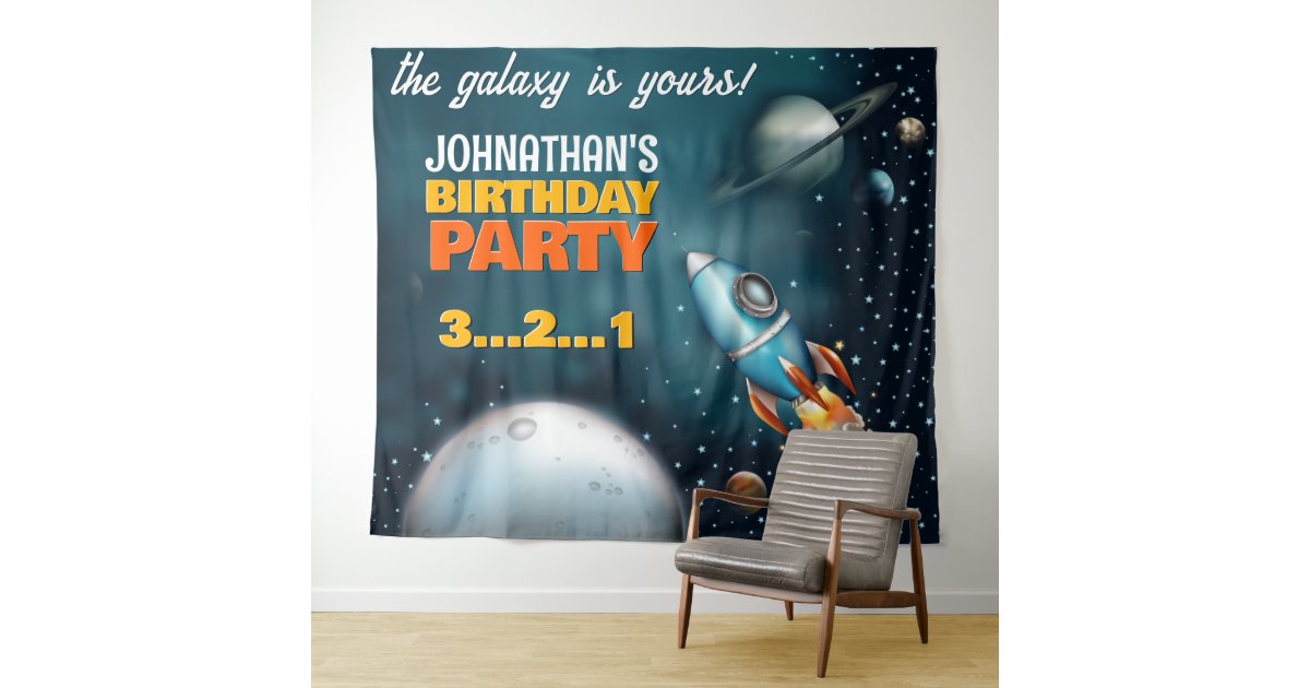 Rocketship Space Adventure Birthday Backdrop | Zazzle