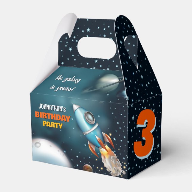 Rocketship Space Adventure Boy Birthday Favor Boxes (Front Side)