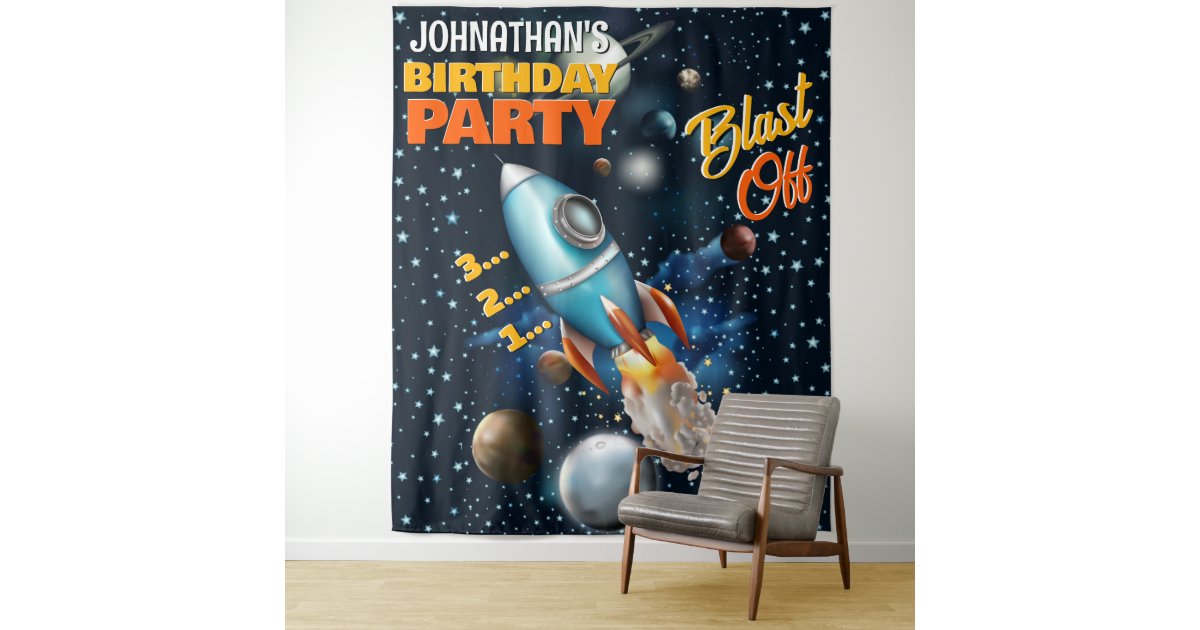 Rocketship Space Adventure Kids Birthday Backdrop | Zazzle