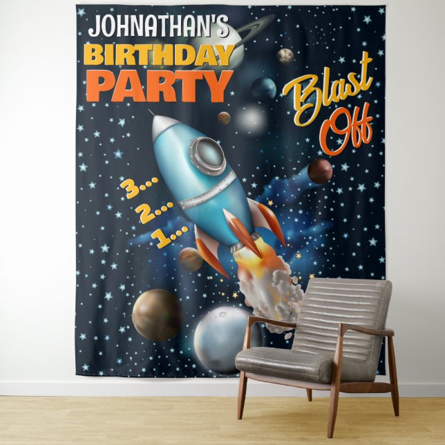 Rocketship Space Adventure Kids Birthday Backdrop (In Situ)