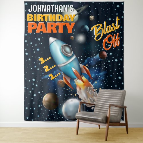 Rocketship Space Adventure Kids Birthday Backdrop