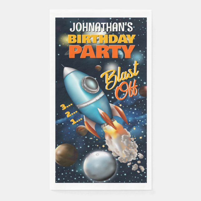 Rocketship Space Adventure Kids Birthday Paper Guest Towels (Front)