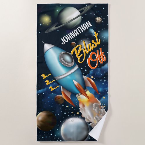 Rocketship Space Adventure Personalize Beach Towel