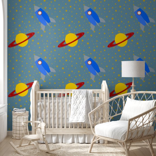Rocketship to Saturn Design Wallpaper (Kids)