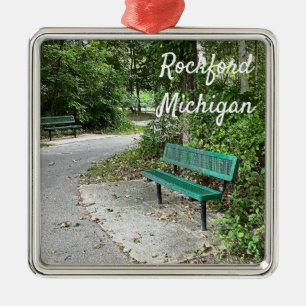Rockford Michigan White Pine Walking Trail Bench Metal Ornament