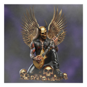 Rockguitarist in leather clothes with dead head poster