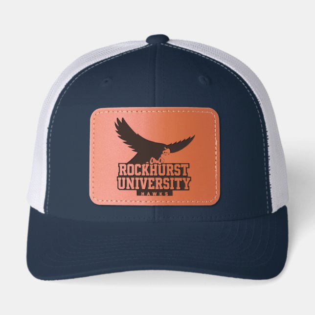 Rockhurst University Flying Hawk Mascot Wordmark Leather Patch Hat (Front)