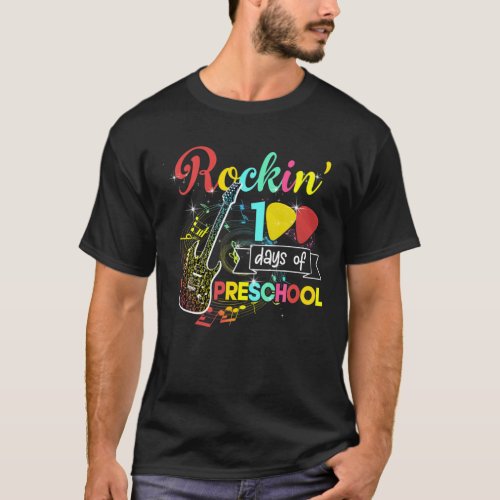 Rockin 100 Days Of Preschool Guitar Music Teacher T_Shirt