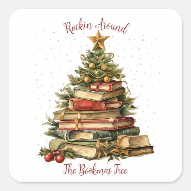 Rockin Around The Bookmas Tree, Book Lover Square Sticker (Front)