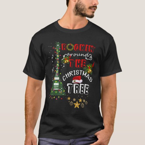 Rockin Around The Christmas Guitar Tree Santa Hat  T_Shirt