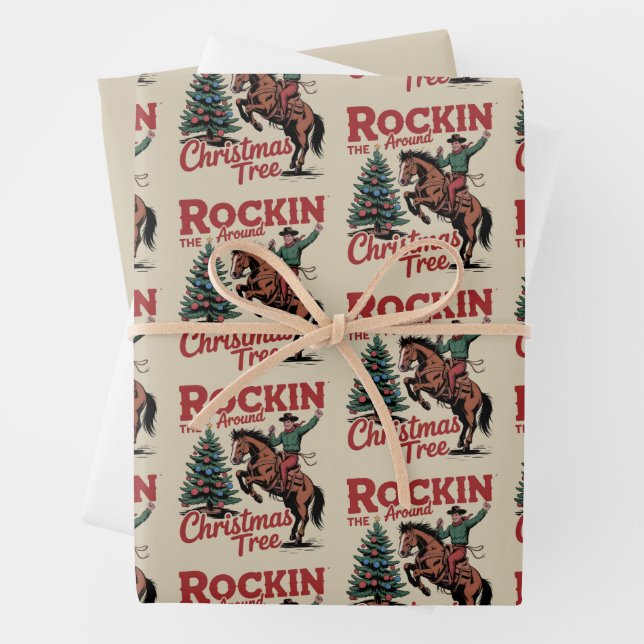 Rockin Around The Christmas Tree Country Cowboy Wrapping Paper Sheets (In situ)