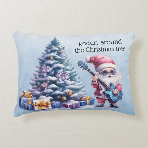 Rockin Around the Christmas Tree Santa Guitar Tre Accent Pillow