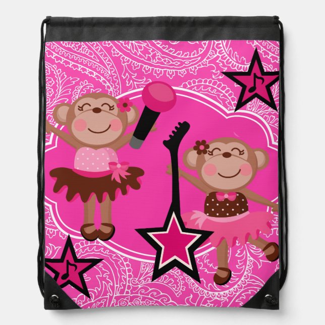 Rockin' Ballerina Monkeys Drawstring Backpack Bag (Front)