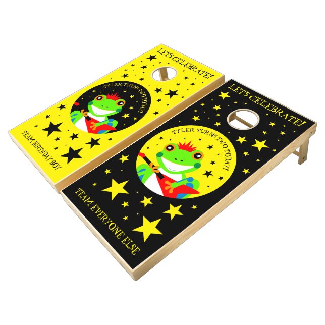 Rockin' Birthday Tree Frog with Red Guitar Cornhole Set (Angled)