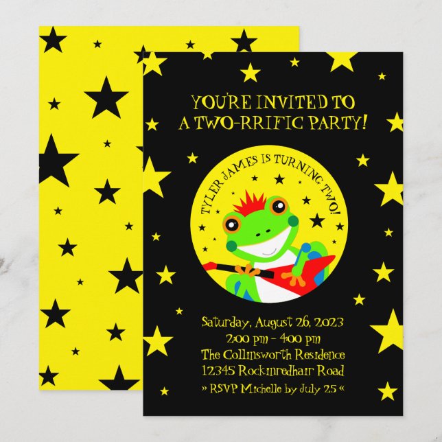 Rockin' Birthday Tree Frog with Red Guitar Invitation (Front/Back)