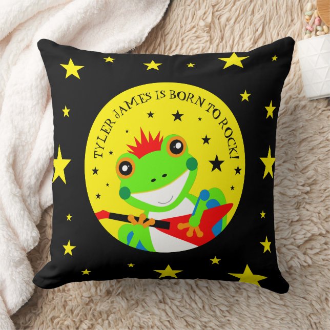 Rockin' Birthday Tree Frog with Red Guitar Throw Pillow (Blanket)