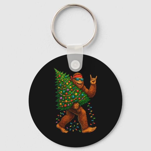Rockin Christmas Bigfoot Carrying Tree Fun Xmas Ro Keychain (Front)