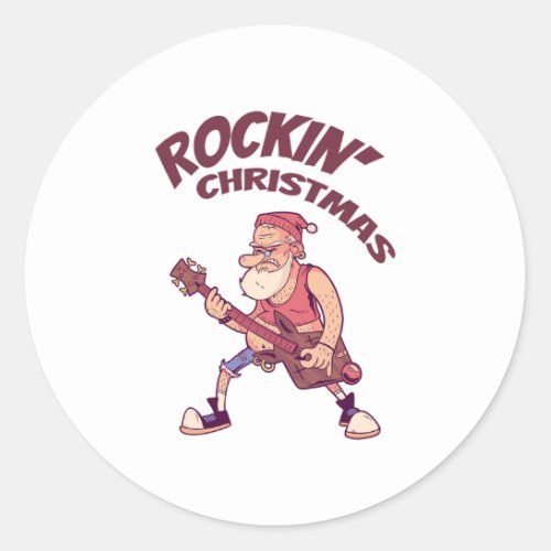 Rockin Christmas Santa rocking with Guitar Invita Classic Round Sticker