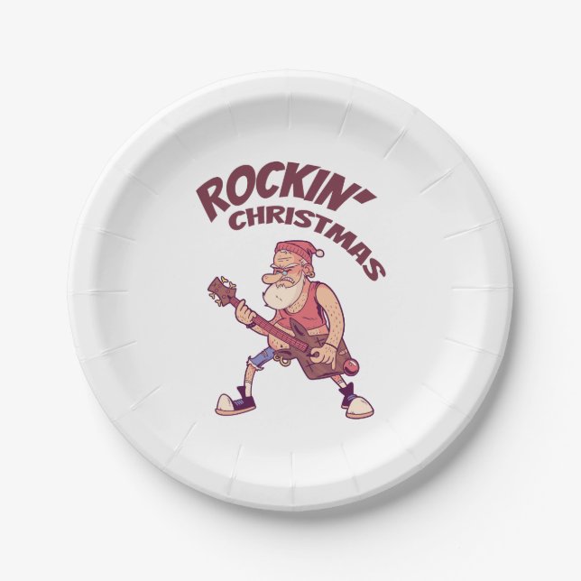 Rockin Christmas, Santa rocking with Guitar Invita Paper Plates (Front)