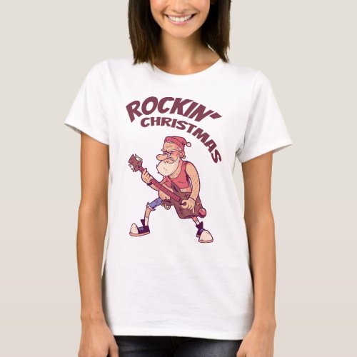 Rockin Christmas Santa rocking with Guitar Invita T_Shirt