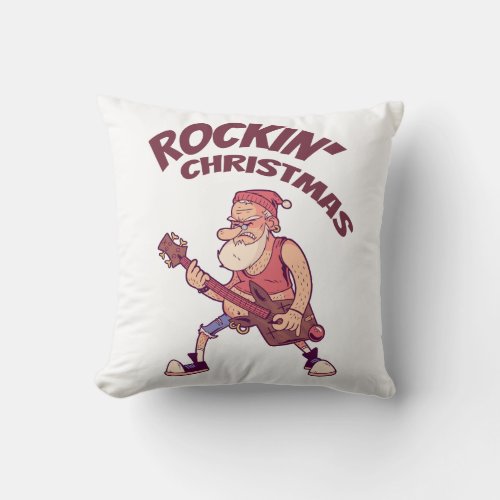 Rockin Christmas Santa rocking with Guitar Invita Throw Pillow