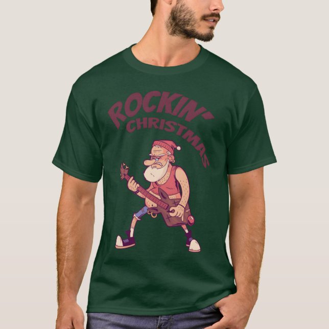 Rockin Christmas Santa Rocking With Guitar retro T-Shirt (Front)