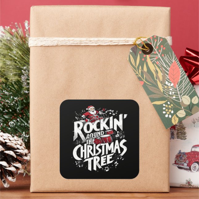 Rockin' Christmas Tree Text Drummer Square Sticker (Holiday)