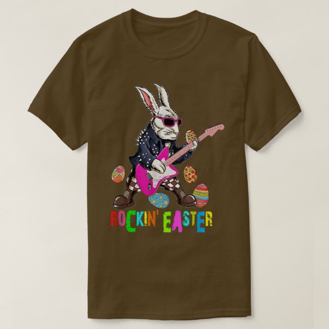Rockin Easter Cool Bunny Playing Guitar Easter Day T-Shirt (Design Front)