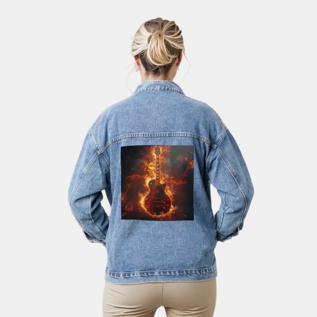 Rockin' Electric Guitar on Fire Denim Jacket (Model)